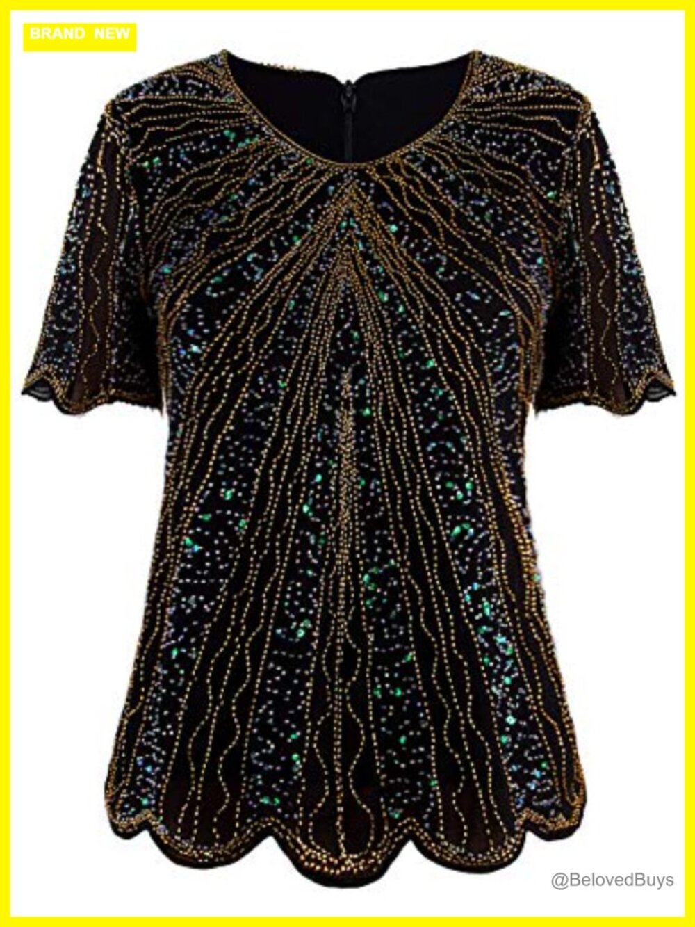 Vijiv Beaded Chiffon Sequin Blouse Scalloped Hem Evening Party Top